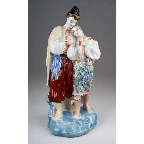 296 - A second half 20th century porcelain figure group of a Ukrainian courting couple, painted marks to u... 