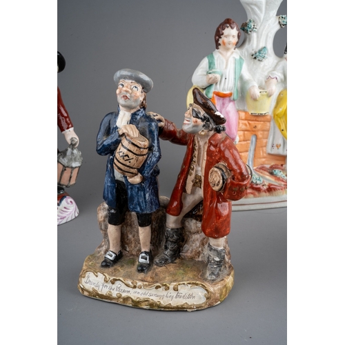 297 - Two Victorian Staffordshire pottery flat back figures,  Victorian snuff taking toby jug, a reproduct... 