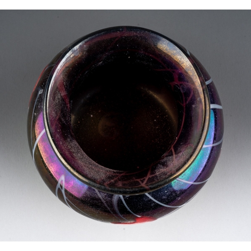 311 - A John Ditchfield iridescent glass squat baluster vase, the plum coloured glass with five red hearts... 