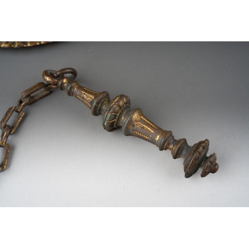 316 - A late 19th century bronze bell and wall hanging bracket, ornately cast with cherubs and scrolls, wi... 