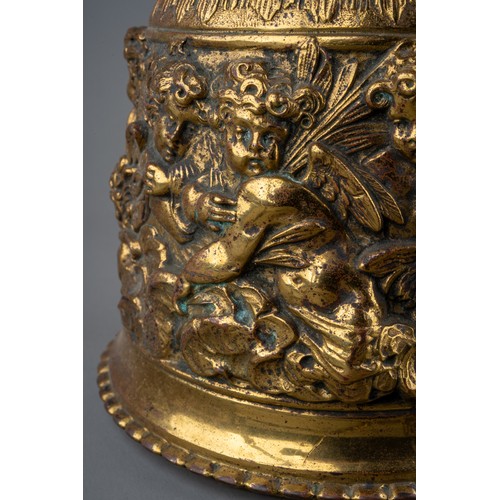 316 - A late 19th century bronze bell and wall hanging bracket, ornately cast with cherubs and scrolls, wi... 