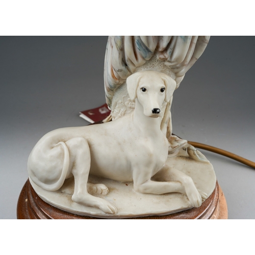 317 - A Dear Studio figural table lamp, with painted resin elegant lady with a dog at her feet, on a circu... 