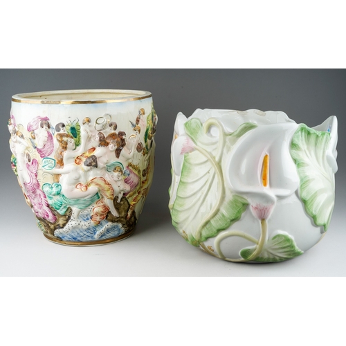 318 - Two late 20th 21st century ceramic planters, one Capodimonte relief moulded with figures, the other ... 