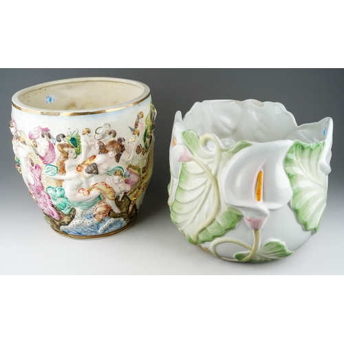 318 - Two late 20th 21st century ceramic planters, one Capodimonte relief moulded with figures, the other ... 