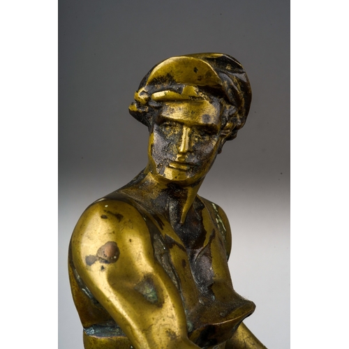 319 - A second half 20th century solid brass figure of a blacksmith standing beside an anvil, on a rectang... 