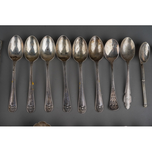 321 - A collection of silver flatware mainly teaspoons and two napkin ring, various dates and makers, gros... 