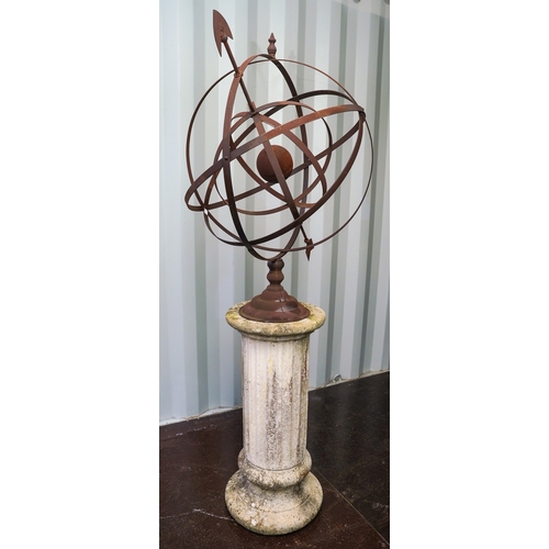 465 - A reproduction lightweight metal garden armillary in rusted condition, on a reconstituted concrete f... 