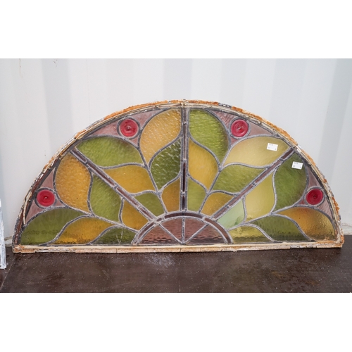 466 - Two late Victorian / Edwardian leaded coloured glass window panels, one of arch shape, 84cm x 40cm, ... 