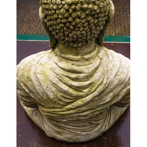 468 - A reconstituted concrete garden figure of a seated buddha, height 82cm x width of base 61cm