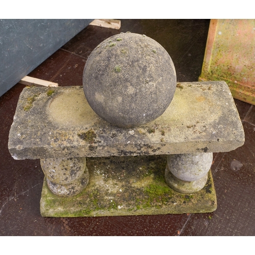 473 - A reconstituted concrete five section garden ornament, comprising sphere on a four piece base, lengt... 