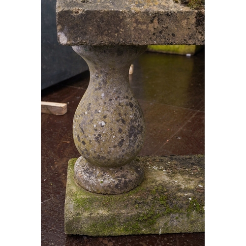 473 - A reconstituted concrete five section garden ornament, comprising sphere on a four piece base, lengt... 