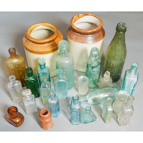 474 - Collection of antique glass bottles and 2 stone ware jars ( 1 box)