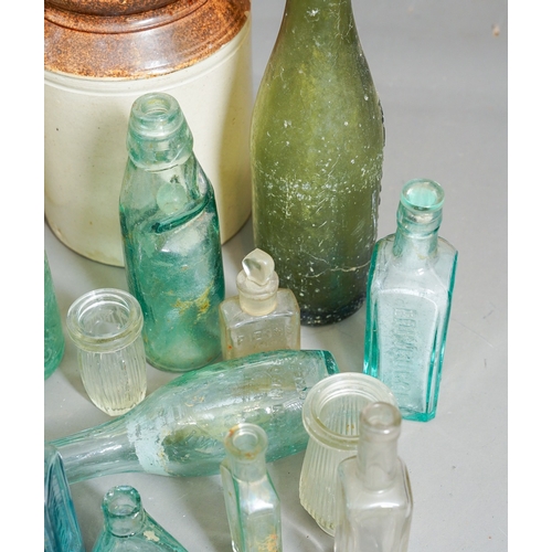 474 - Collection of antique glass bottles and 2 stone ware jars ( 1 box)