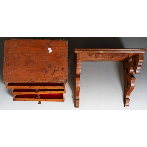 478 - Small table top collectors draws together with art and crafts wooden wall shelf