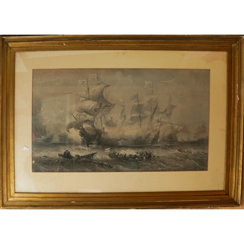 481 - Large gilt framed 19th century engraving of galleons involved in a see  battle , 114 cm x 79 cm