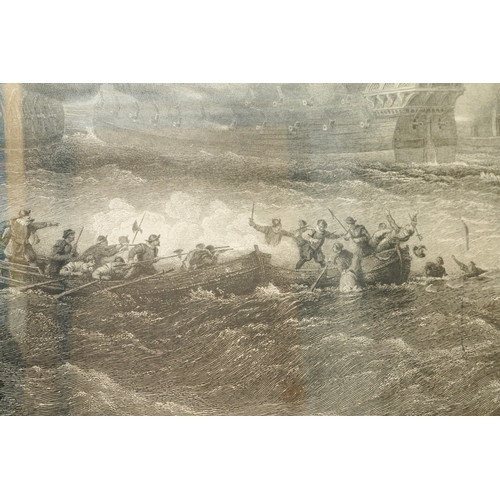 481 - Large gilt framed 19th century engraving of galleons involved in a see  battle , 114 cm x 79 cm