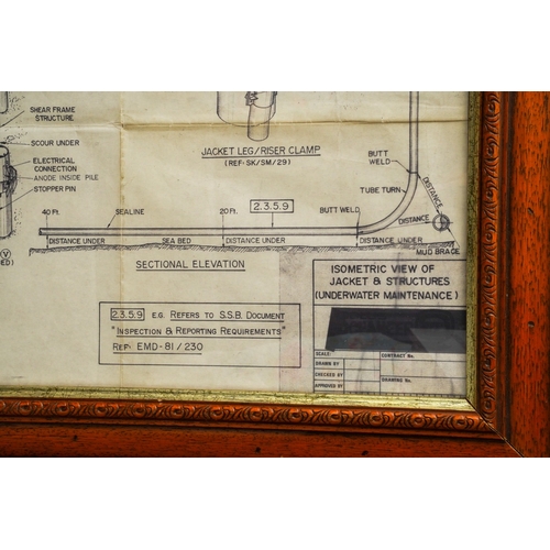 507 - Deep sea diving interest - large framed and glazed design drawing of 'Isometric view of jacket and s... 