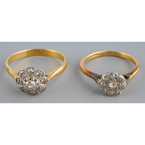 754 - Two 18 ct gold and diamond cluster rings, gross weight 4g, UK sizes I 1/2 and M