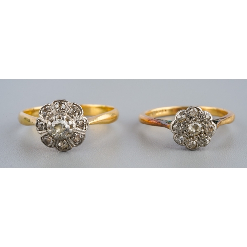 754 - Two 18 ct gold and diamond cluster rings, gross weight 4g, UK sizes I 1/2 and M