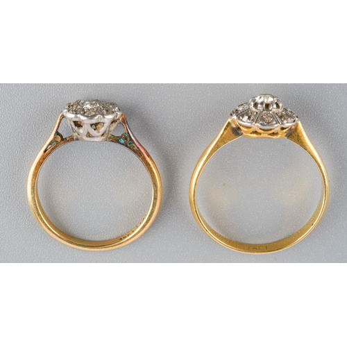 754 - Two 18 ct gold and diamond cluster rings, gross weight 4g, UK sizes I 1/2 and M