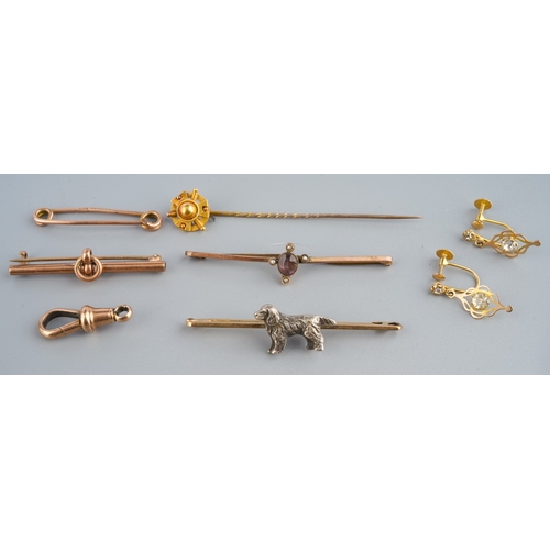 759 - Collection of 9 ct gold and yellow metal brooches, 9 ct gold clip, pair of 9ct gold earrings and yel... 