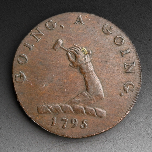 867 - A late 18th century auctioneer's copper token, with arm and gavel crest and motto 'Going A Going 179... 