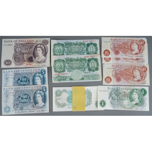 872 - A small quantity of 20th century Bank of England banknotes, comprising a J B Page £10, 2 x J Q Hollo... 