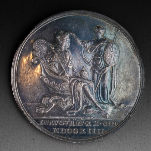 874 - Great Britain: George I, Coronation 1714, a silver medal by J. Croker, laureate and armoured bust ri... 