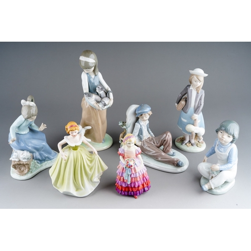 883 - A collection of seven ceramic figures to include: 
1. Lladro 1309 - Girl with Cat and Kittens
2. Lla... 