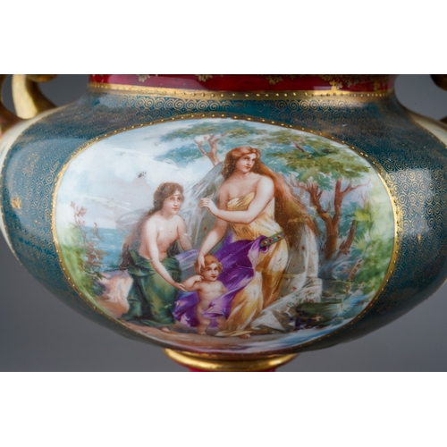 886 - A pair of early 20th Century Continental Vienna style pedestal two handled urns and covers, painted ... 