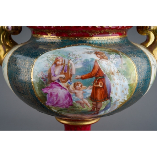 886 - A pair of early 20th Century Continental Vienna style pedestal two handled urns and covers, painted ... 