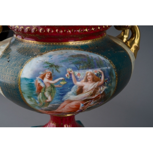 886 - A pair of early 20th Century Continental Vienna style pedestal two handled urns and covers, painted ... 