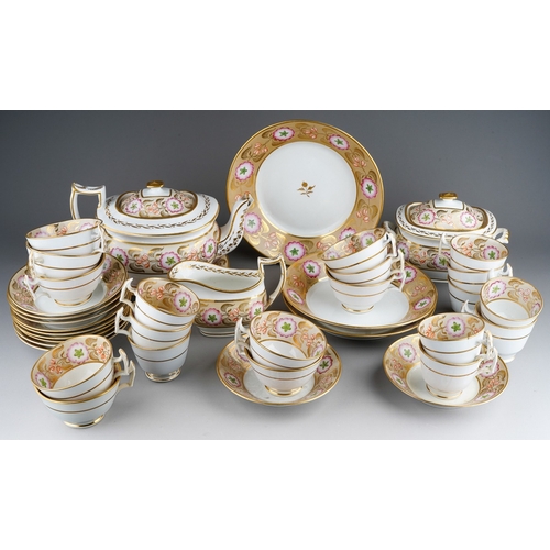 A 19th Century Staffordshire part tea and coffee set, pattern no 1696, decorated with large flowers and gilt foliage, to include teapot with cover and stand, a sugar basin and cover, three plates, milk jug, 11 saucers, 9 teacups and 10 coffee pots (1 box - Q)