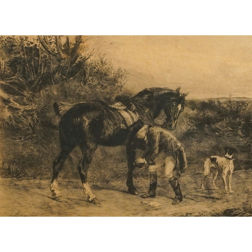 956 - After Hayward Hardy, engraving depicting The Loose Shoe (horse, rider and greyhound) signed in penci... 