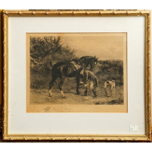 956 - After Hayward Hardy, engraving depicting The Loose Shoe (horse, rider and greyhound) signed in penci... 