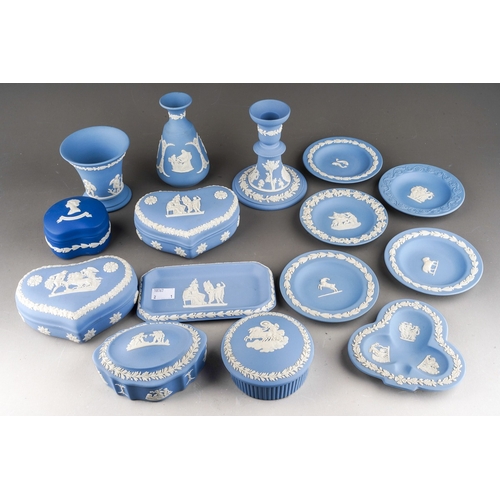 1073 - A collection 20th Century Neo-Classical style Wedgwood blue jasparware to include: a pair of heart s... 