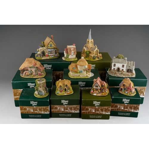 1077 - Lilliput Lane: nine various boxed cottages to include: The Crooked Spire Chesterfield, The Flower Ba... 