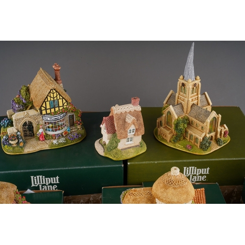 1077 - Lilliput Lane: nine various boxed cottages to include: The Crooked Spire Chesterfield, The Flower Ba... 