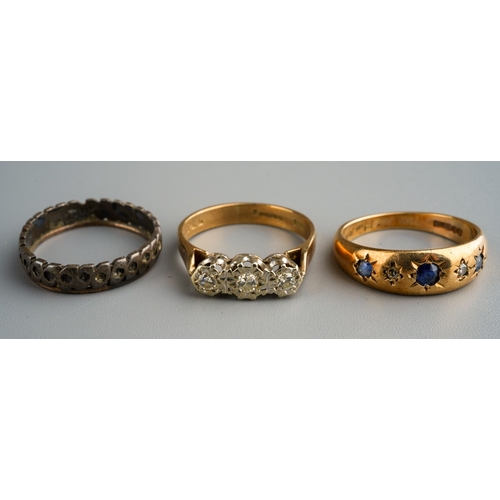 1130 - Two 9 ct gold rings, one set with diamonds in illusion setting together with a silver ring. Gross we... 