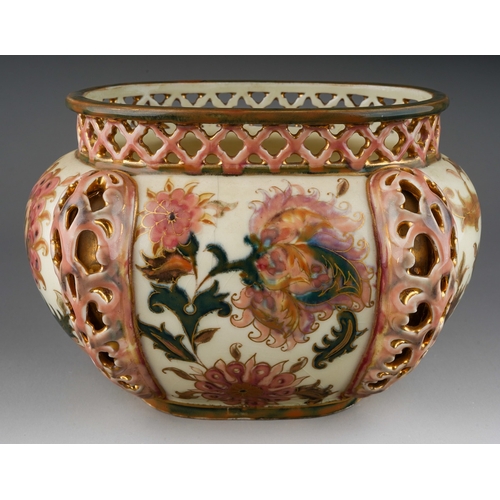 1 - An early 20th century Zsolnay Pecs oval jardiniere, decorated with Isnik style flowers with gilt det... 