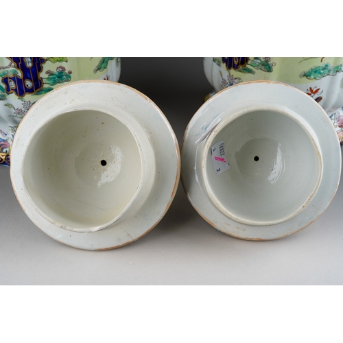 9 - A pair of 19th century Masons Ironstone twin handled jars and covers, the domed covers with octagona... 