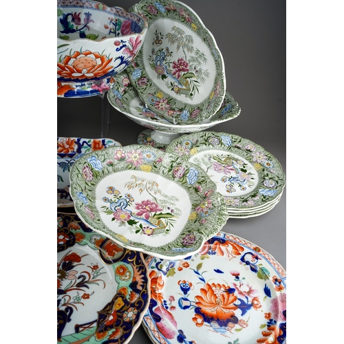 27 - A Mason`s Ironstone Imari punch bowl and three various Imari plates, two impressed marks, one with f... 