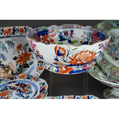 27 - A Mason`s Ironstone Imari punch bowl and three various Imari plates, two impressed marks, one with f... 