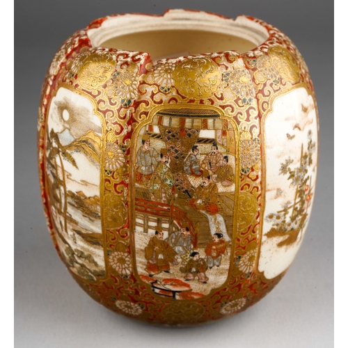 39 - A Japanese Satsuma barrel shaped pottery jar decorated with landscape panels, character mark to base... 