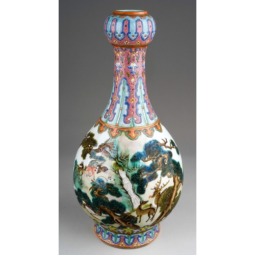 41 - Chinese porcelain 'deer and crane' vase decorated in famille rose / verte pallet , glazed turquoise ... 