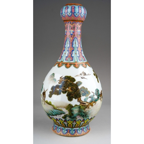 41 - Chinese porcelain 'deer and crane' vase decorated in famille rose / verte pallet , glazed turquoise ... 