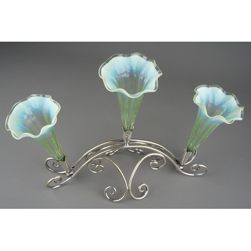 45 - An early 20th Century silver plated wire work Epergne\stand complete with three green vaseline glass... 