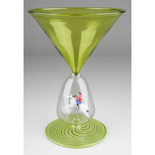 49 - A Bimini green and clear cocktail glass, circa 1930s, the stem with polo player to interior, swirlin... 