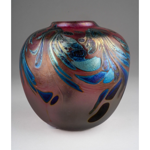 50 - Peter Layton (b.1937) an Art Glass iridescent blush, gilt and blue vase, swirling leaf design to upp... 