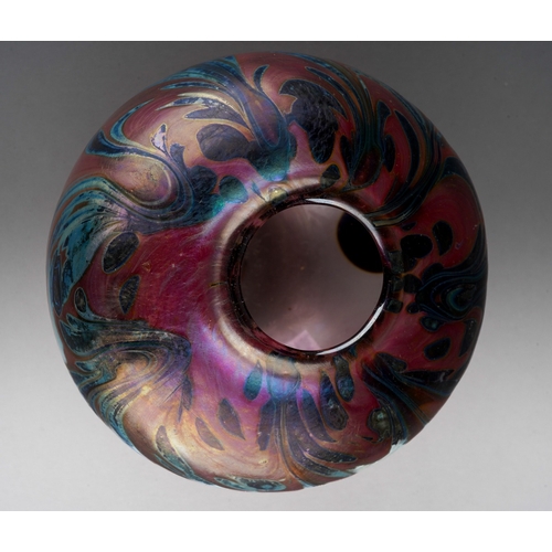 50 - Peter Layton (b.1937) an Art Glass iridescent blush, gilt and blue vase, swirling leaf design to upp... 